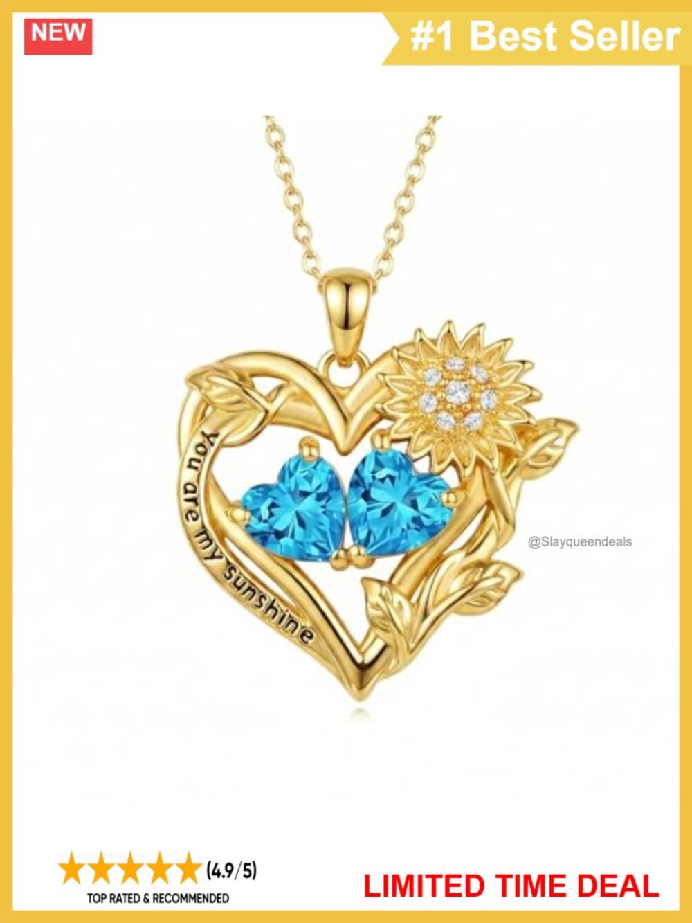 14K Gold Plated Sunflower Birthstone Necklace Heart Pendant
